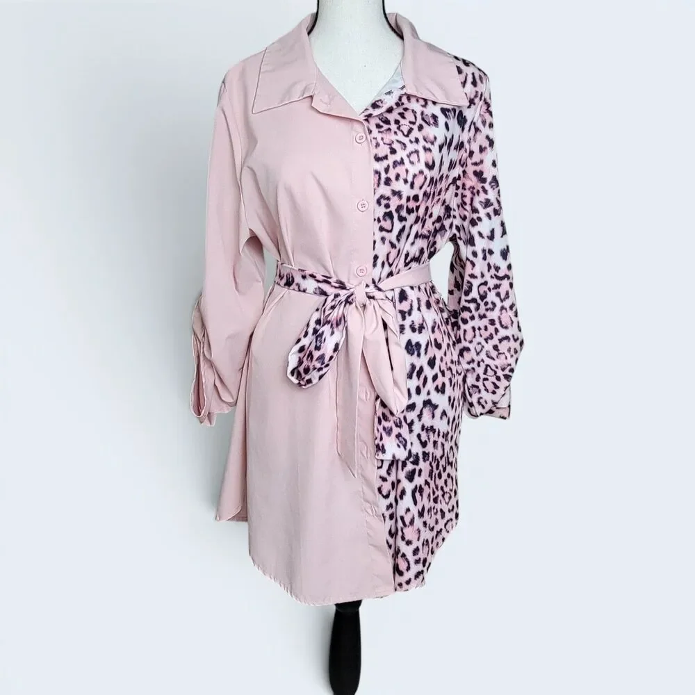 SHEIN Pink/Black Leopard Print Button Down Long Shirt XL Belted Long Sleeve - Picture 1 of 8